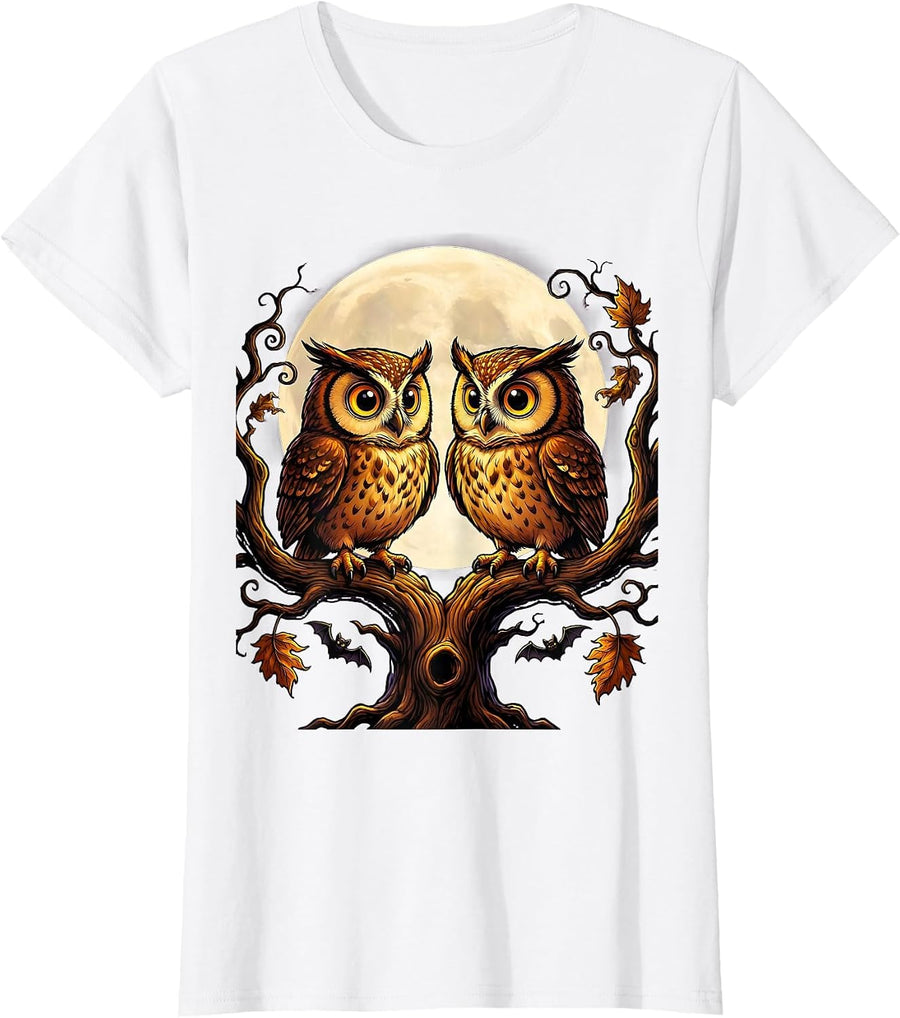Women's Halloween Twin Owls on Mirrored Branches Design T-Shirt - White