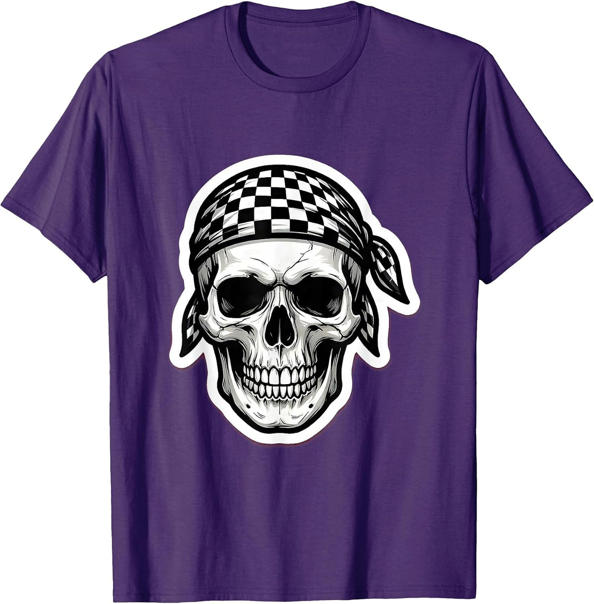Skull Checkered Bandana Graphic Design T-Shirt - Purple