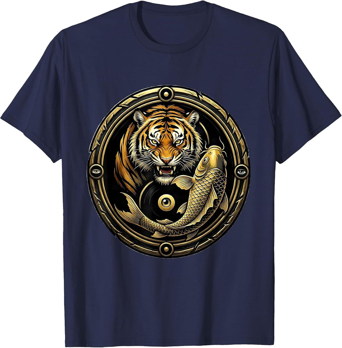 Tiger and Koi Fish Yin-Yang Balance Design T-Shirt - Navy Blue