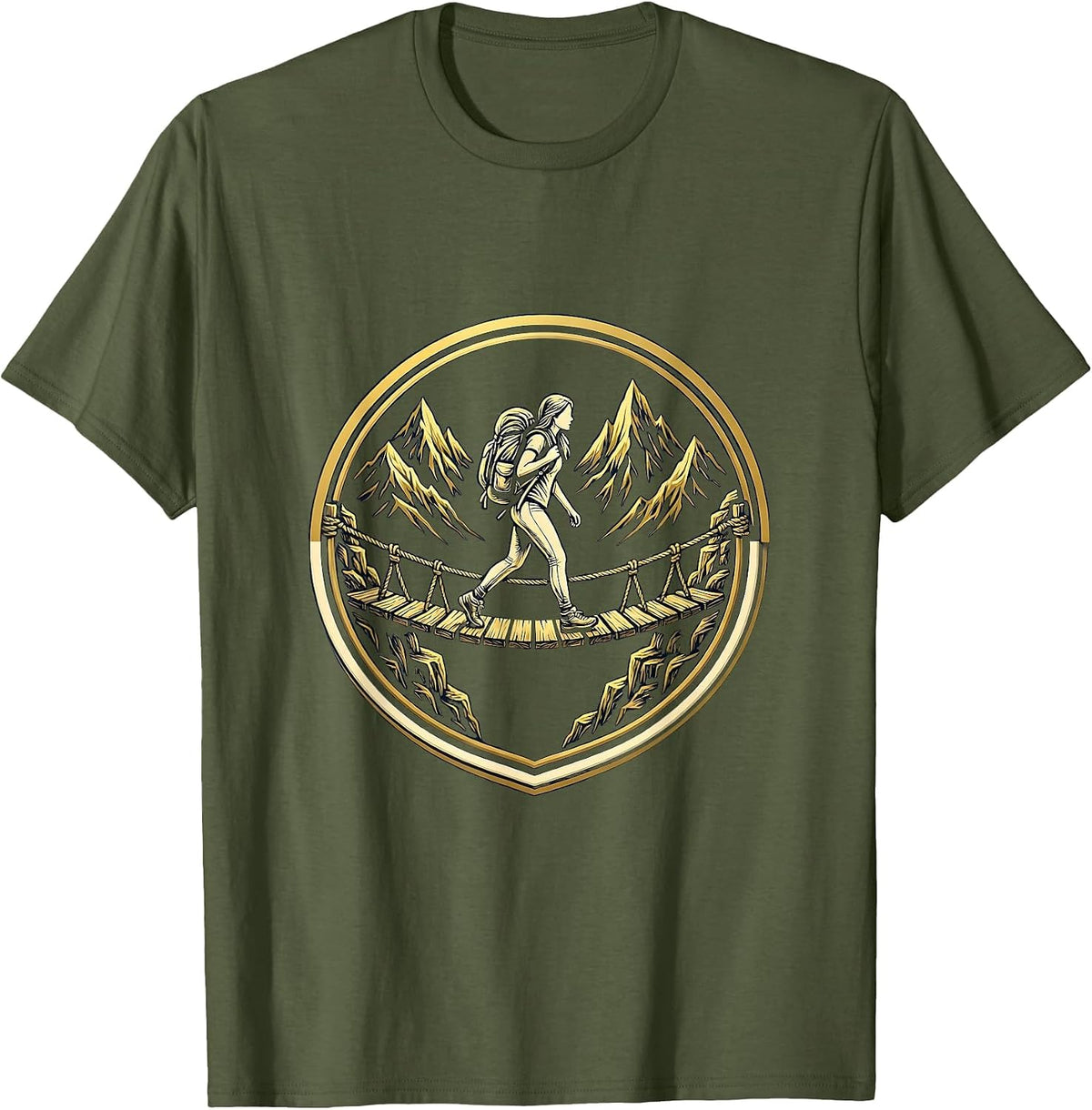Adventure Hiker Rope Bridge Crossing Illustration T-Shirt - Olive Green