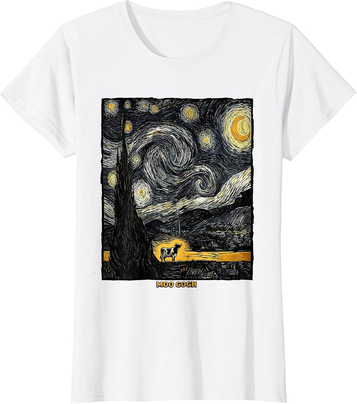 Women's Moo Gogh Whimsical Cow Art Lover Gift for Pet Owners T-Shirt - White