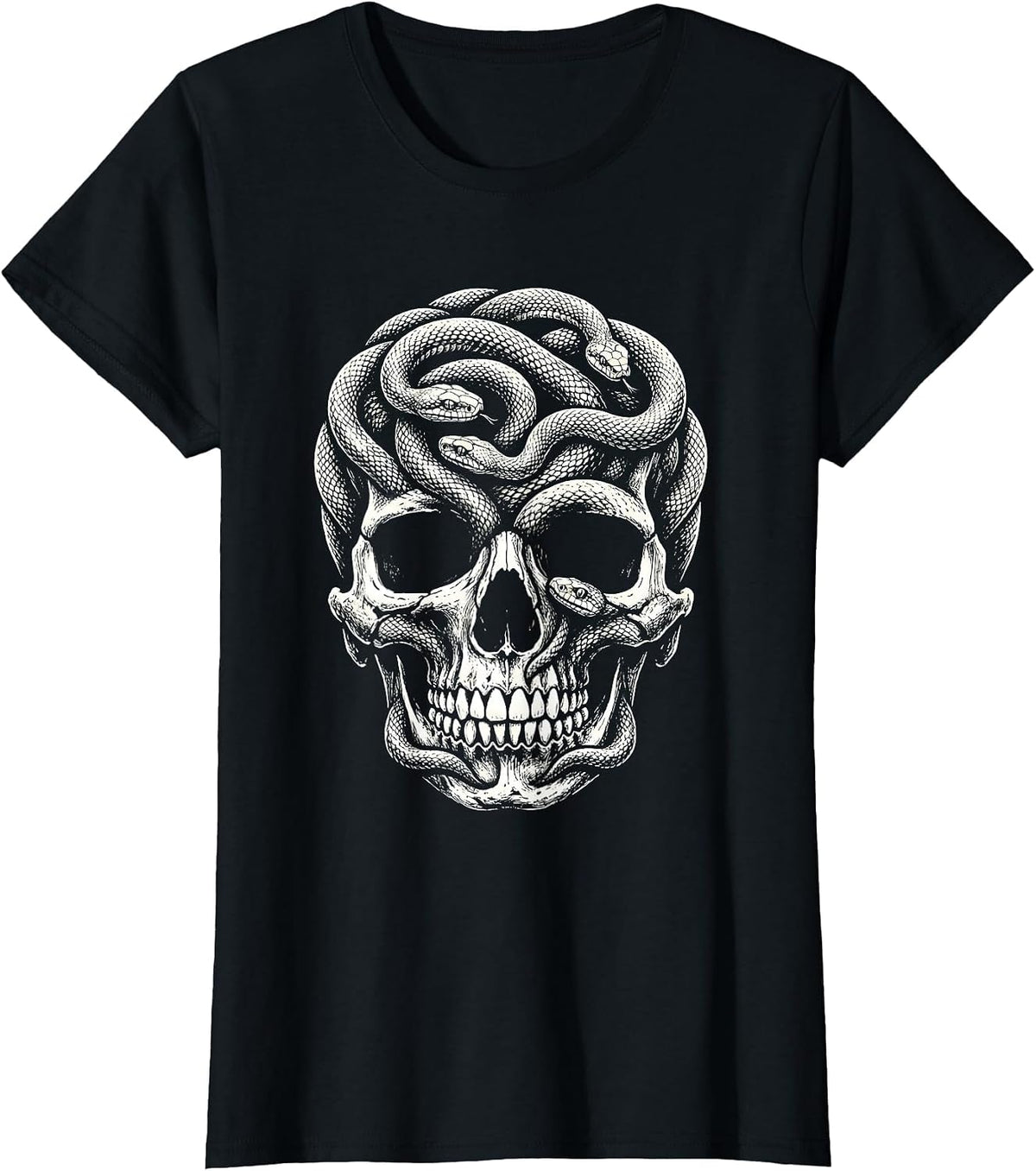 Women's Serpent Skull Intertwined Snake Gothic Art T-Shirt - Black
