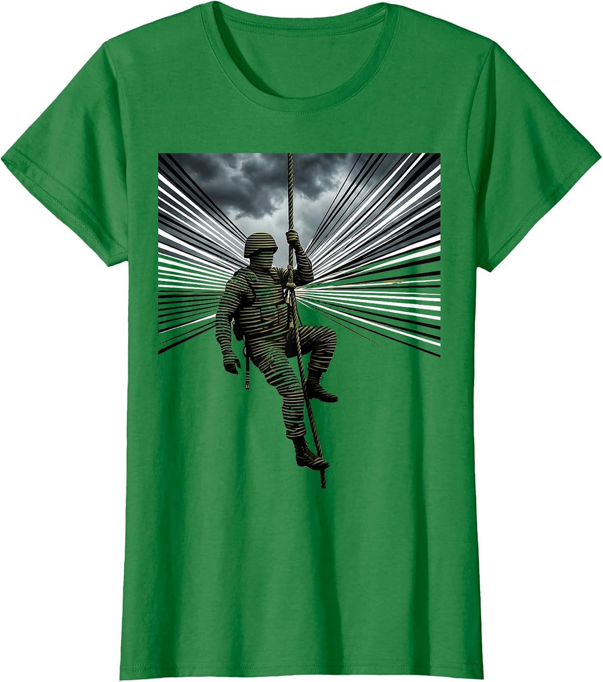 Women's Camo Soldier Climbing Rope Stormy Sky Graphic T-Shirt - Kelly Green