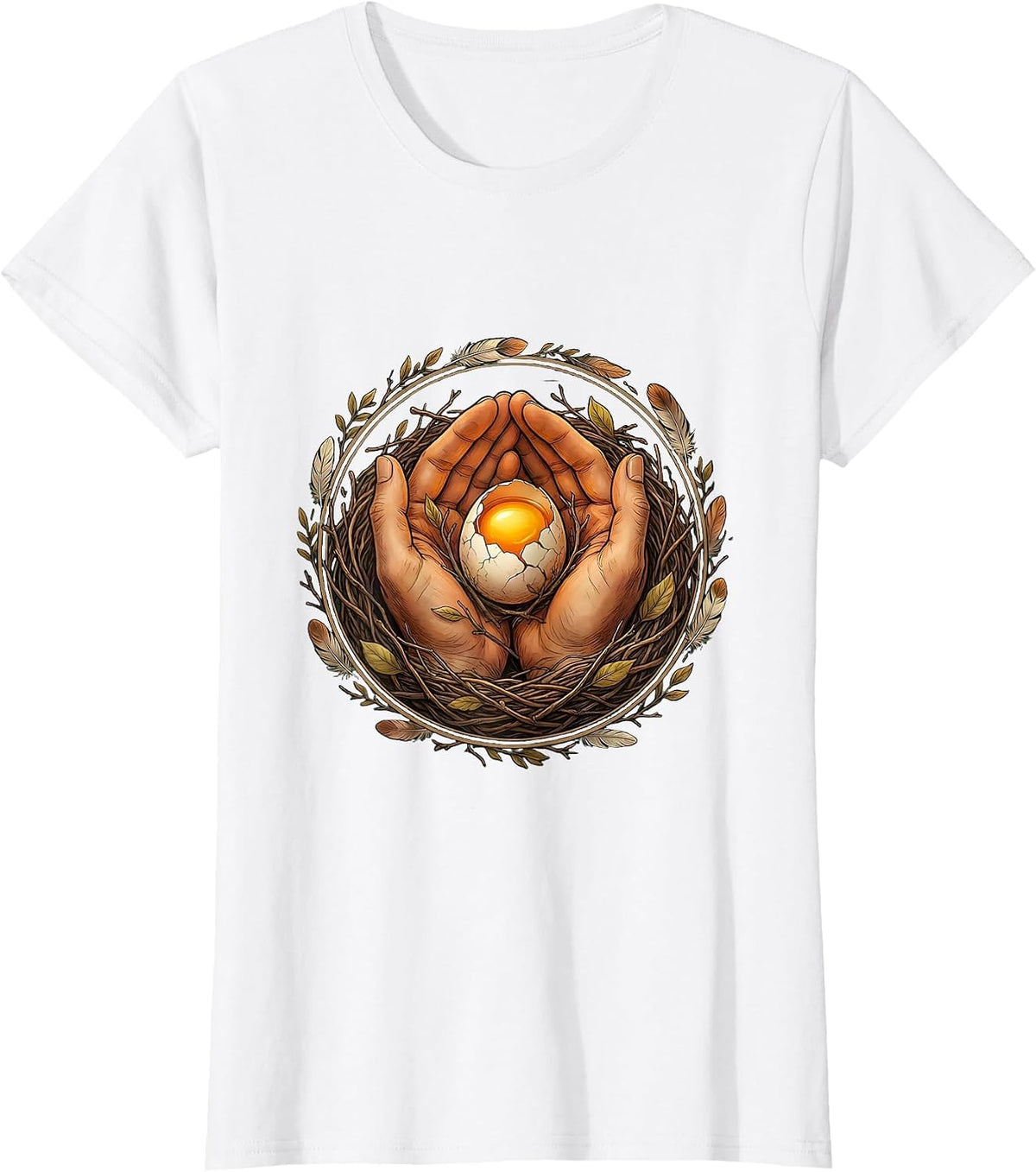 Women's Kindness Nest Hands Cradling Cracked Egg Design T-Shirt - White