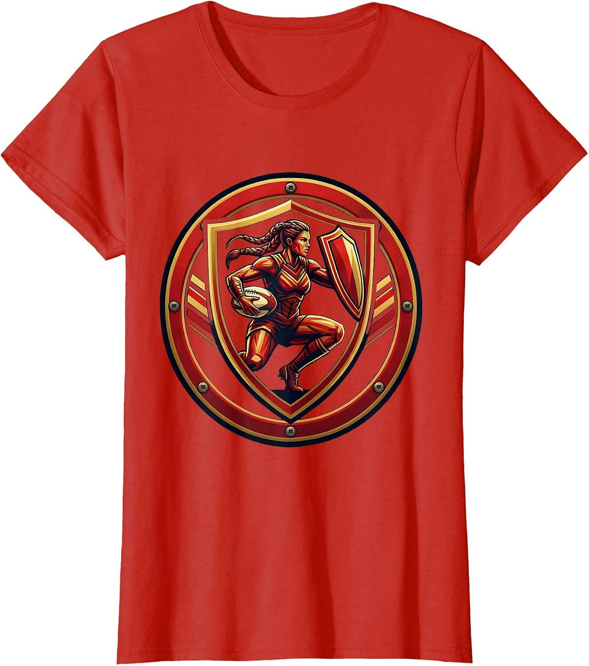 Women's Woman Warrior Rugby Ball and Shield Illustration T-Shirt - Red