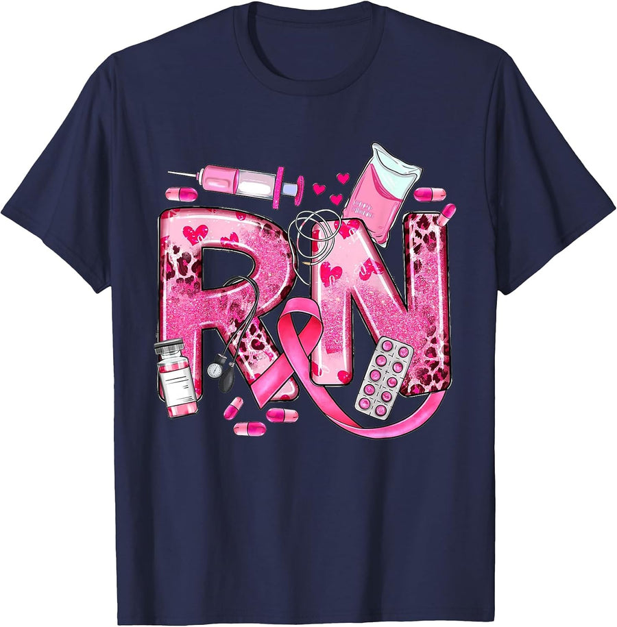 Nurse Breast Cancer Awareness Pink Ribbon Nursing RN Life T-Shirt - Navy Blue