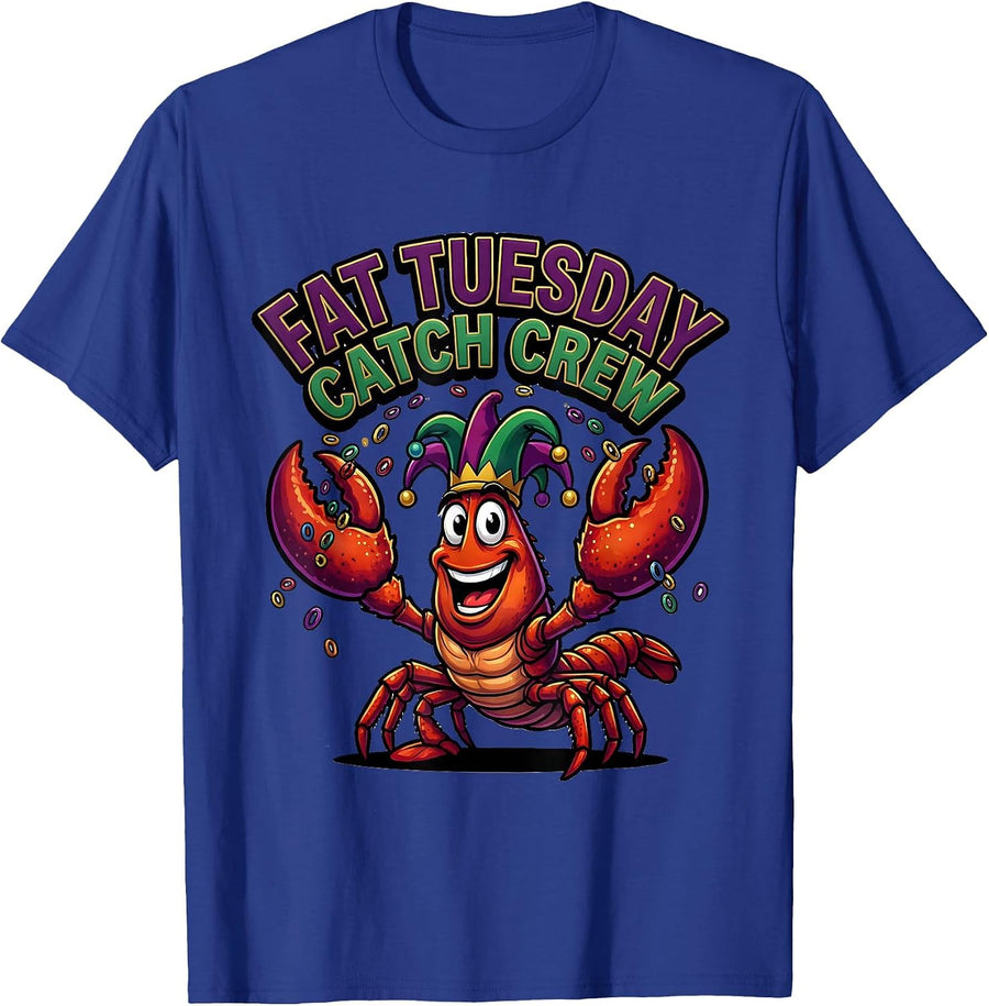 Fat Tuesday Catch Crew Cartoon Crawfish Jester Mardi Gras T-Shirt - Royal Blue