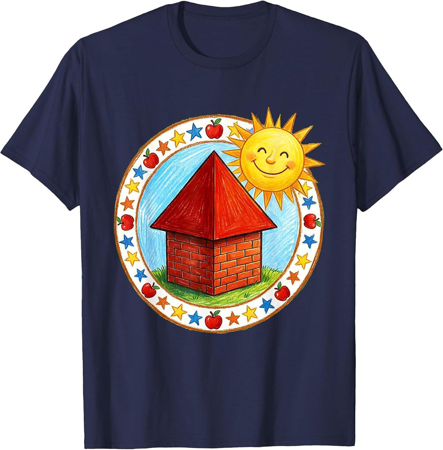 Preschool Teacher House and Sun Illustration T-Shirt - Navy Blue