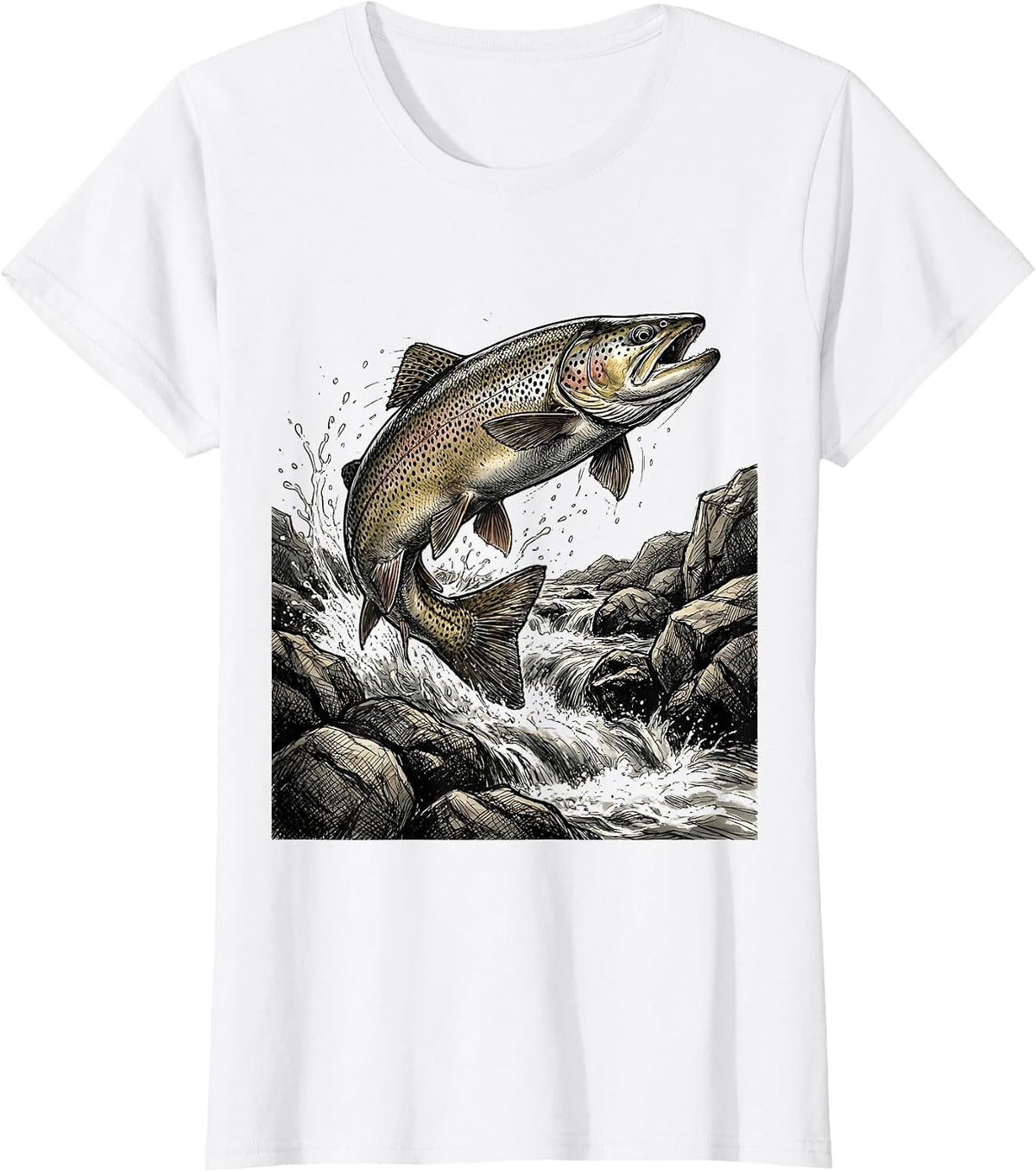 Trout Upstream Mountain Rapids Fishing Graphic T-Shirt - White