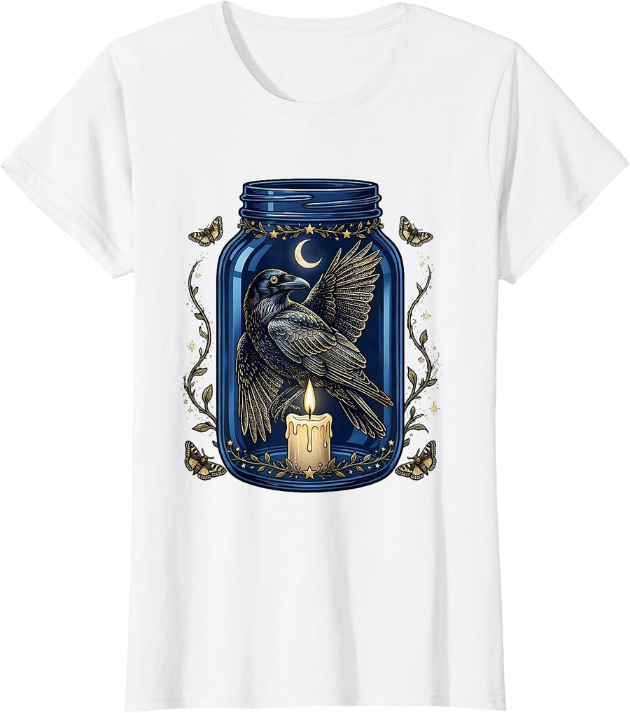Women's Crow in a Mason Jar Candle Gothic Art T-Shirt - White