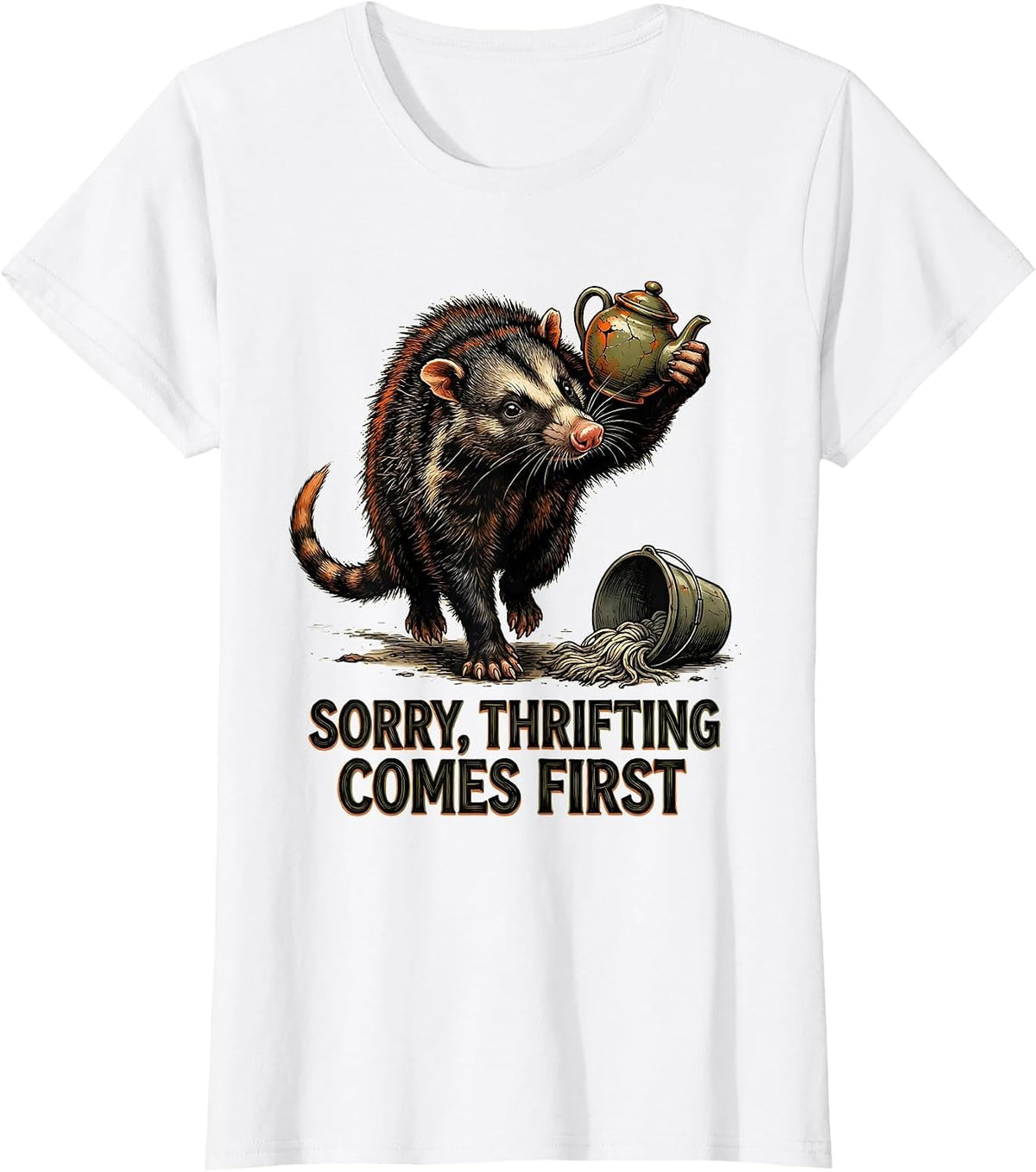 Sorry Thrifting Comes First Funny Opossum Vintage Collector T-Shirt - White