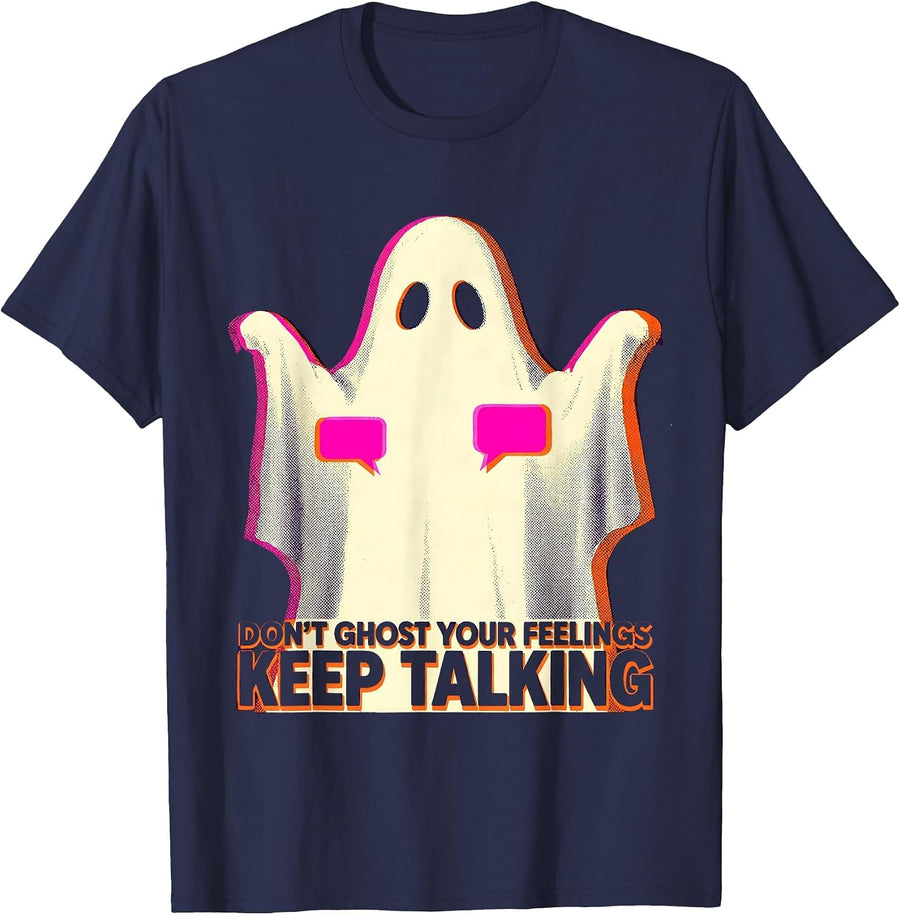 Don't Ghost Your Feelings—Keep Talking Risograph Mental T-Shirt - Navy Blue