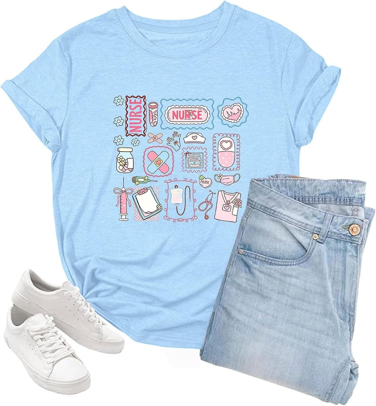 Nurse Shirt for Women School Nurse Gift Cute Crewneck Top Short Sleeve - E-blue