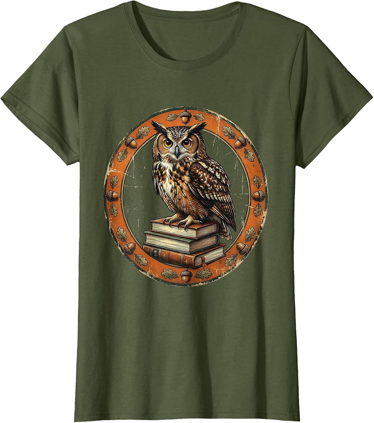 Women's Fall Teacher Owl Perched on Stack of Books T-Shirt - Olive Green