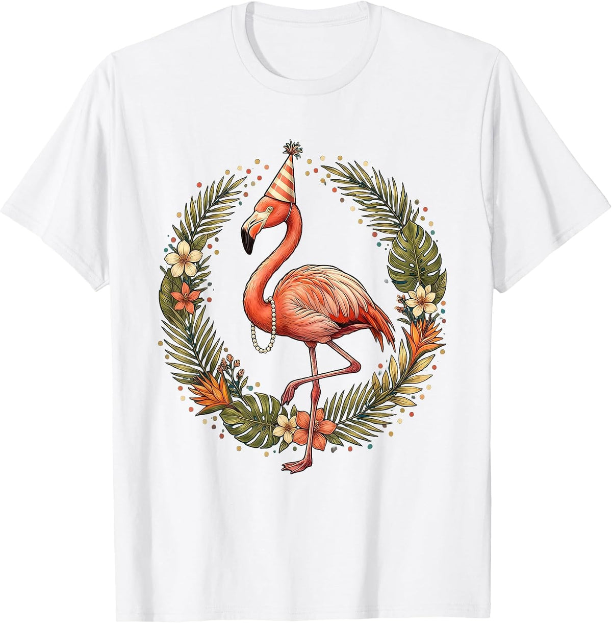 Flamingo Birthday Party Hat and Pearls Design T-Shirt - White