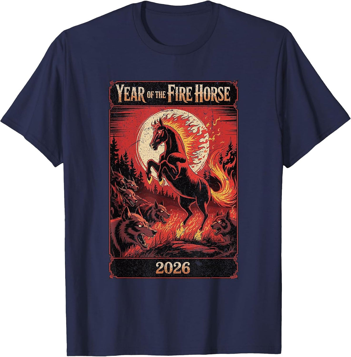 Year of the Fire Horse 2026 Zodiac Art T-Shirt - Navy Blue