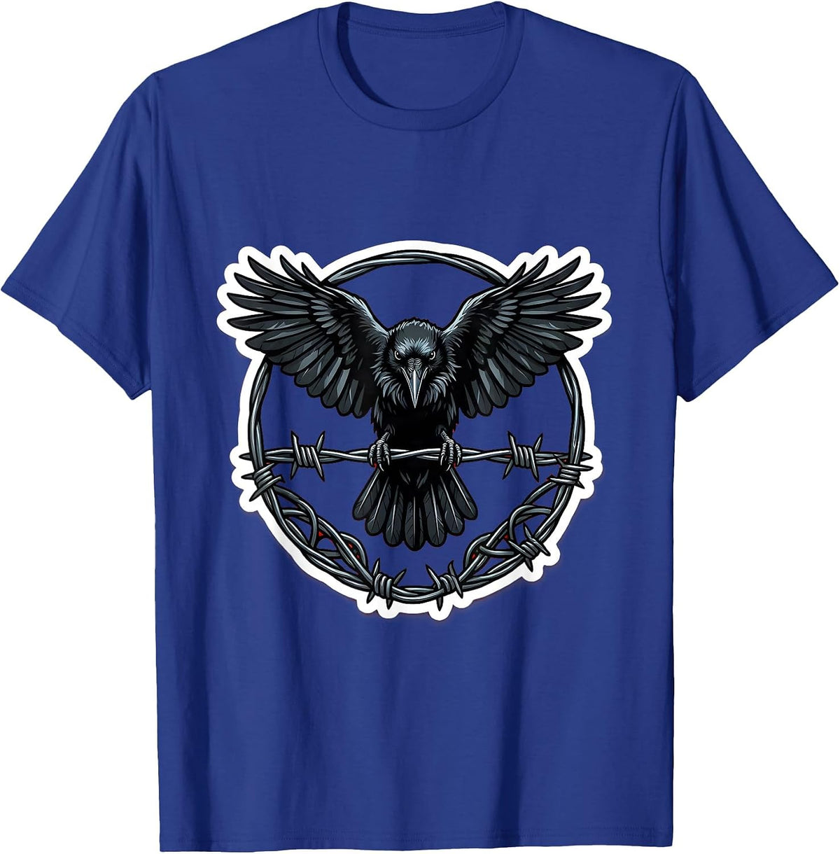 Crow on Razor Wire Fence Illustration T-Shirt - Royal Blue
