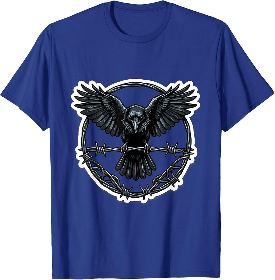 Crow on Razor Wire Fence Illustration T-Shirt - Royal Blue