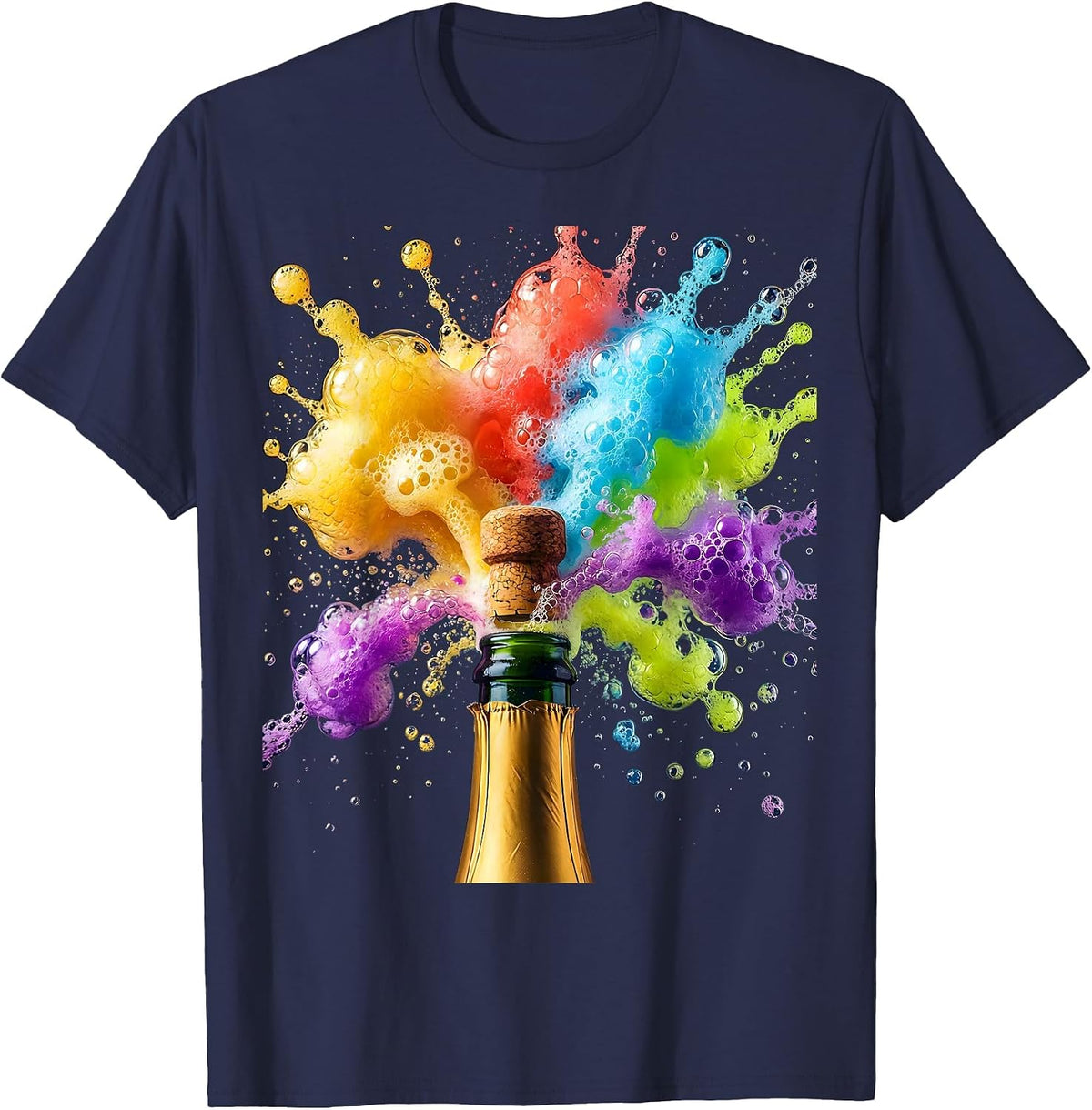 Exploding Champagne Bottle Celebration Graphic T-Shirt - Navy Blue