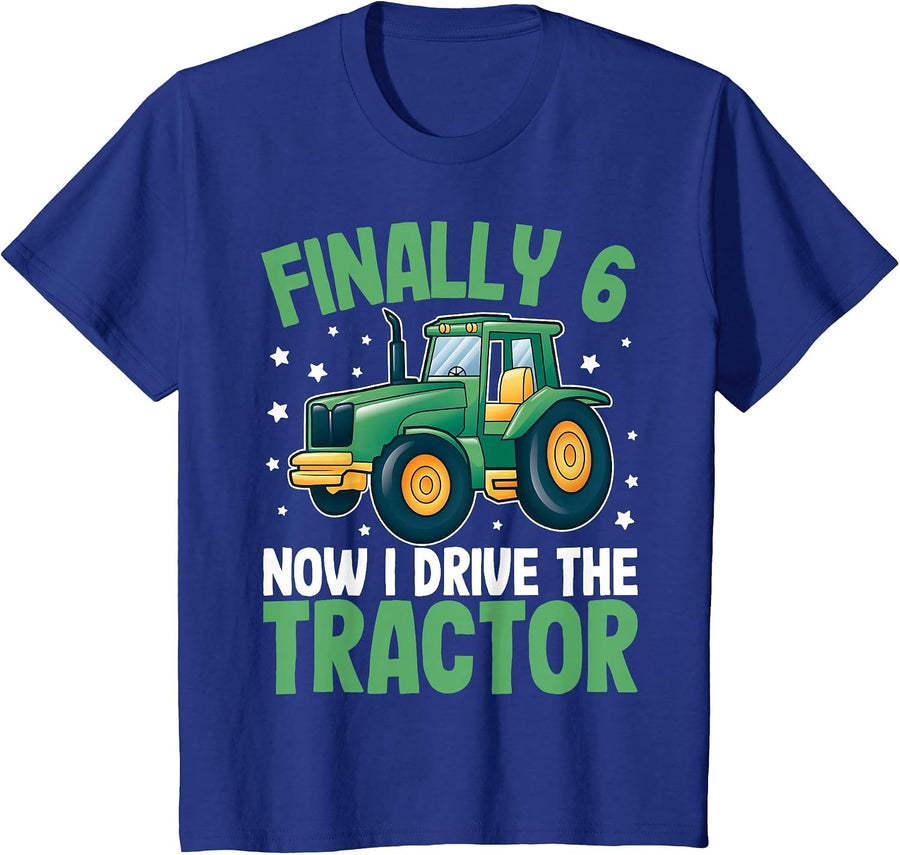 Kids Finally 6 Years | 6th Birthday | Farmer Toddler Boys Tractor T-Shirt - Royal Blue