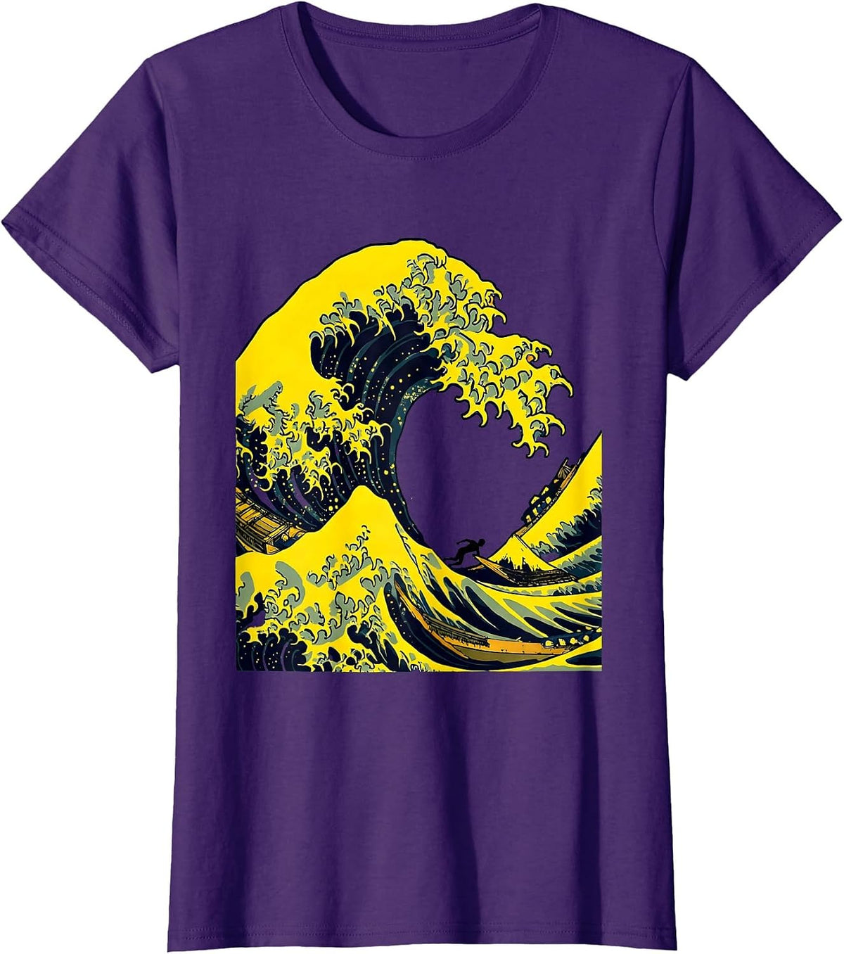 Women's Massive Wave Curling Over Lone Swimmer Graphic T-Shirt - Purple