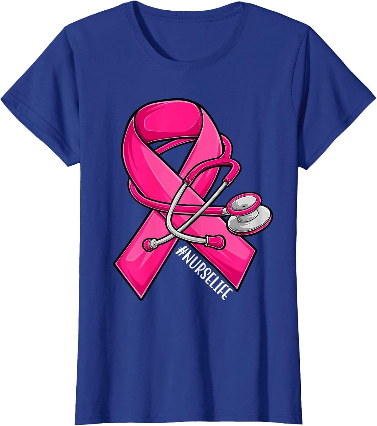 Pink Ribbon Stethoscope Nurse Life Breast Cancer Awareness T-Shirt - Royal Blue