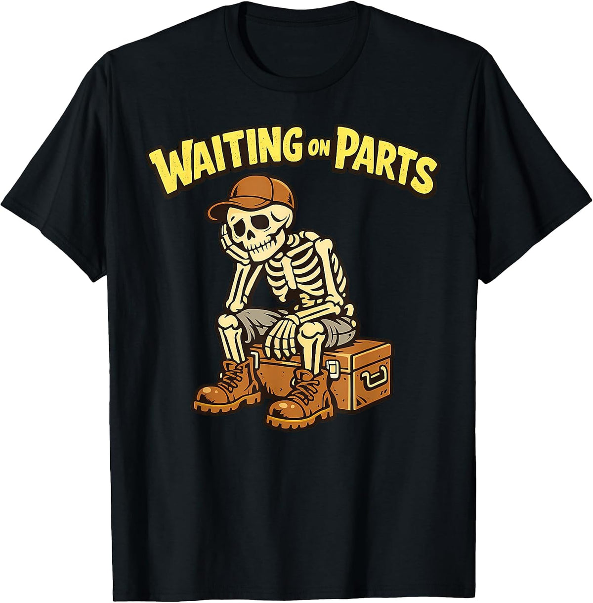 Waiting On Parts Auto Technician Skeleton Funny Mechanic T-Shirt - Black
