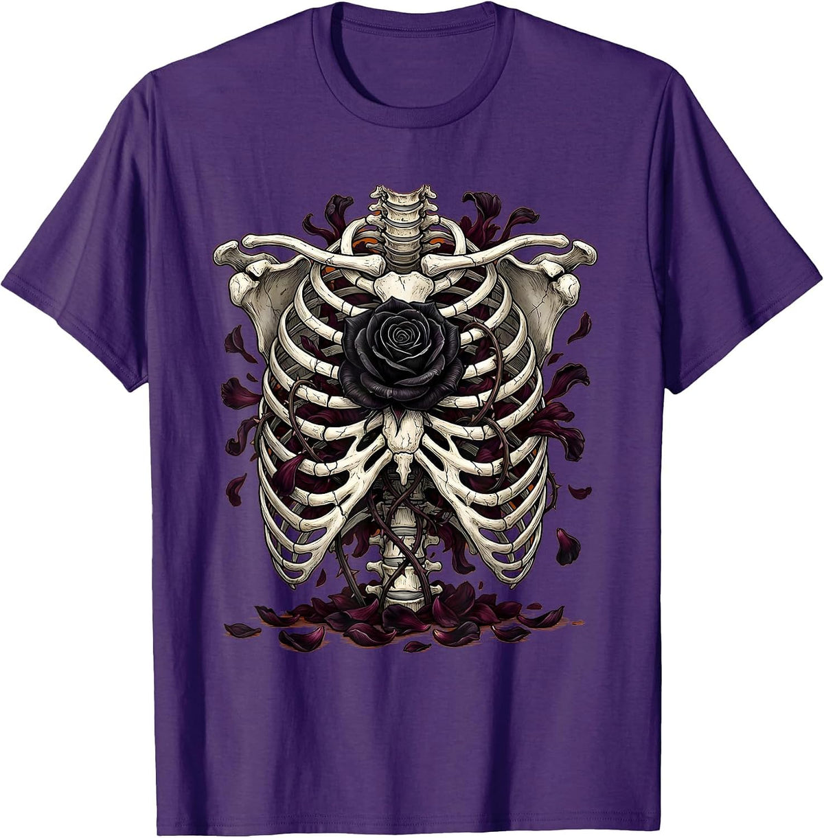 Black Rose Ribcage Gothic Metal Dark Art Design T-Shirt - Purple
