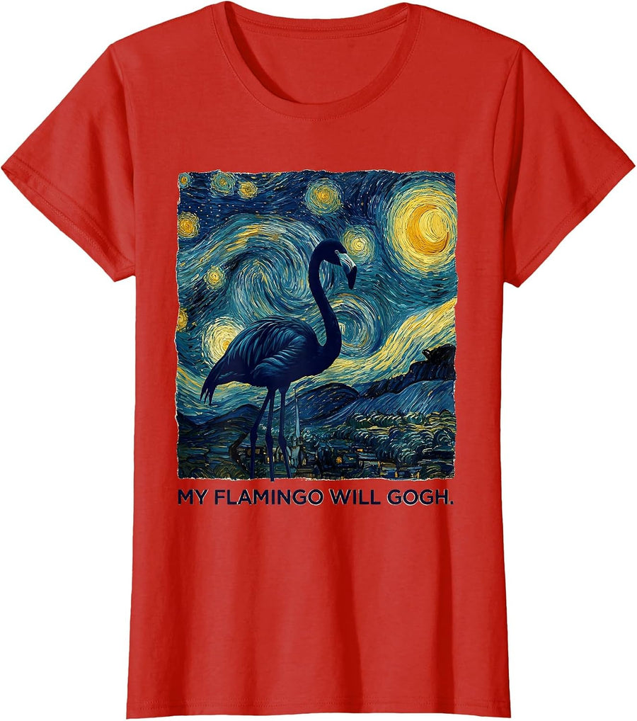 Women's My Flamingo Will Gogh Whimsical Art Meme Pet Lover Gift T-Shirt - Red