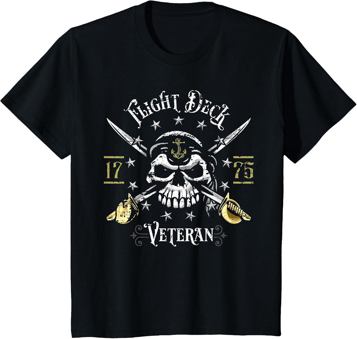 Flight Deck Veteran Skull Naval Aviation Distressed Design T-Shirt - Black