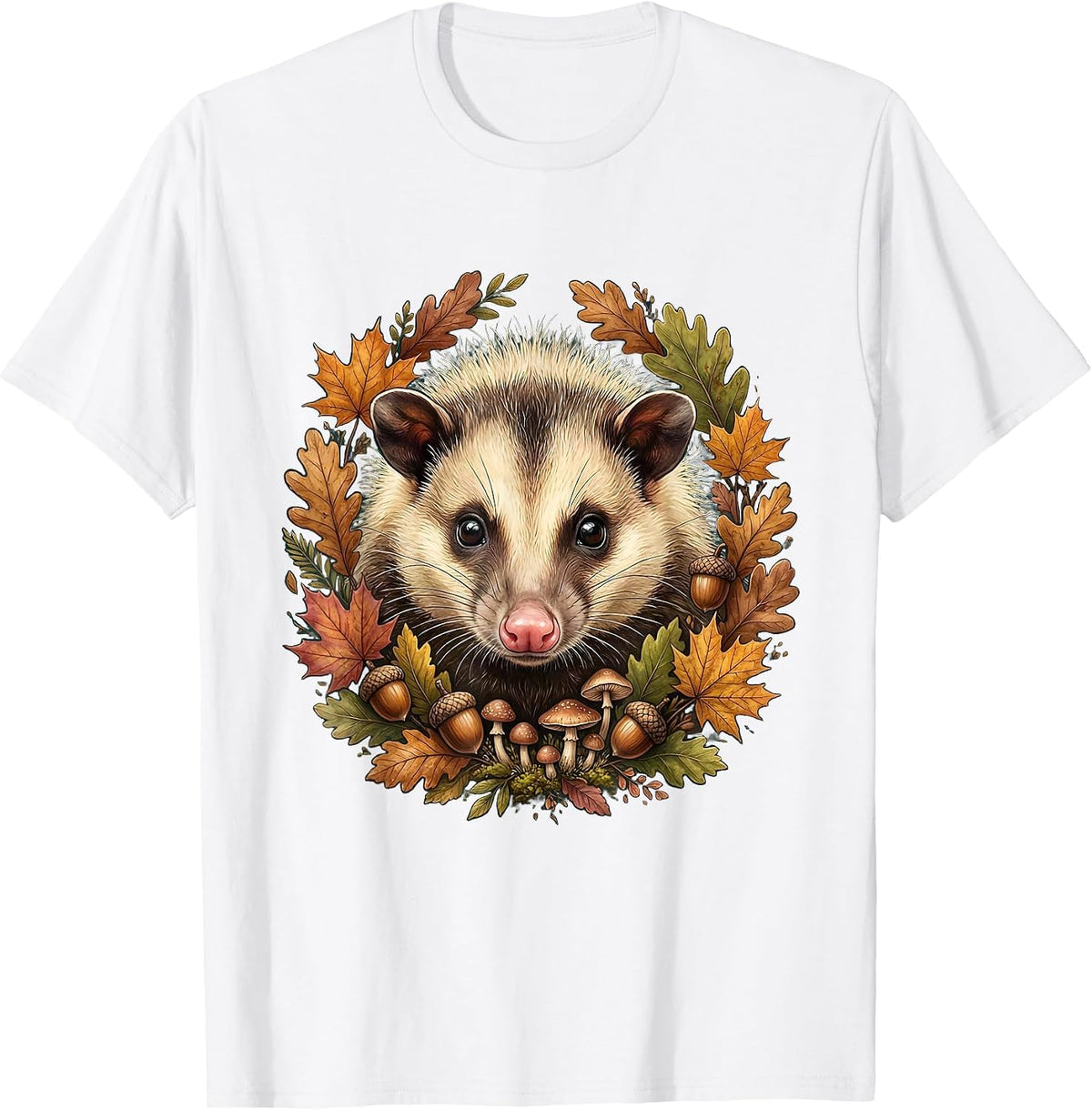 Men's Autumn Opossum Close-Up Fall Wildlife Illustration T-Shirt - White
