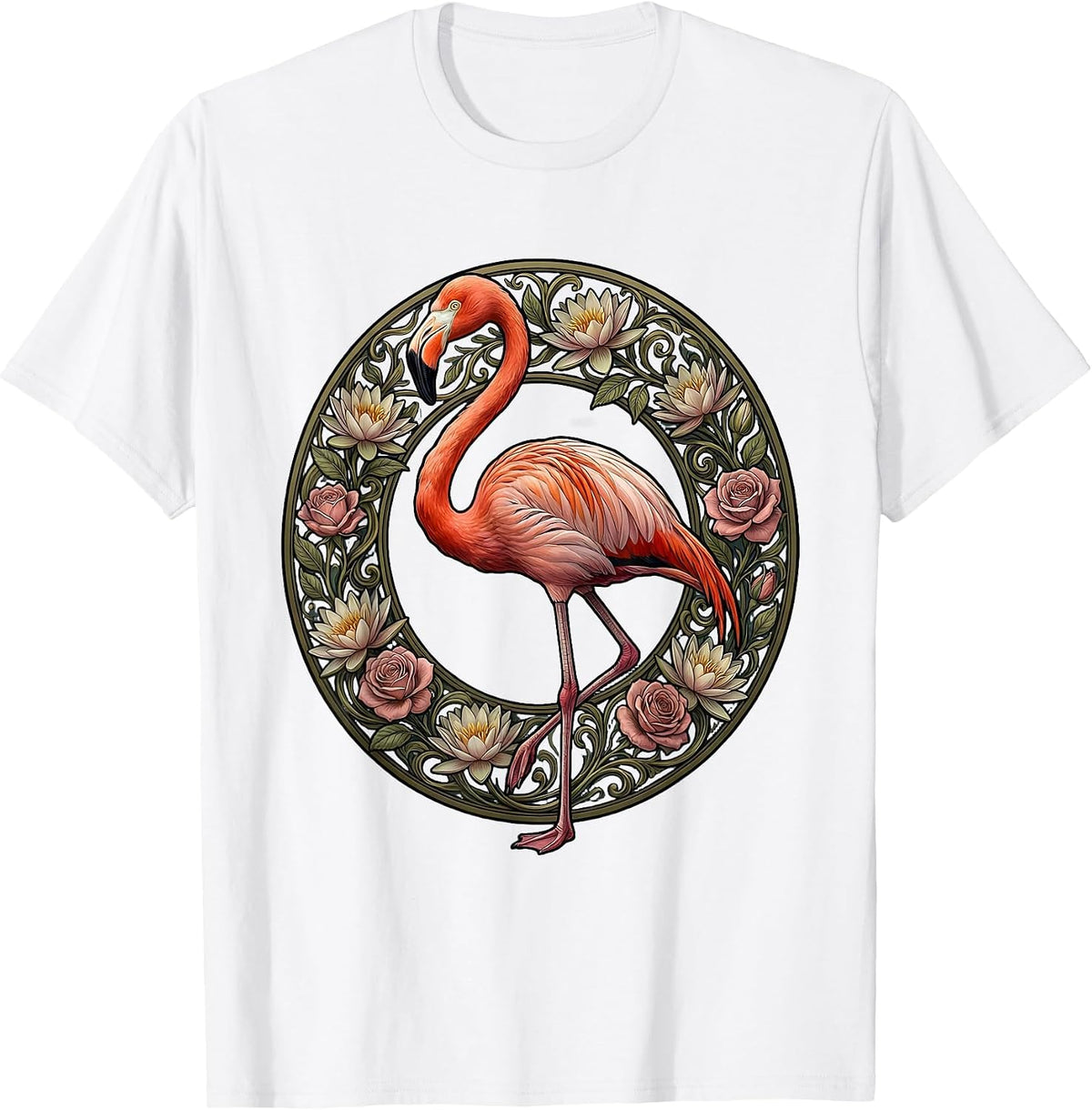 Flamingo Floral Wreath Colorful Botanical Design T-Shirt - White