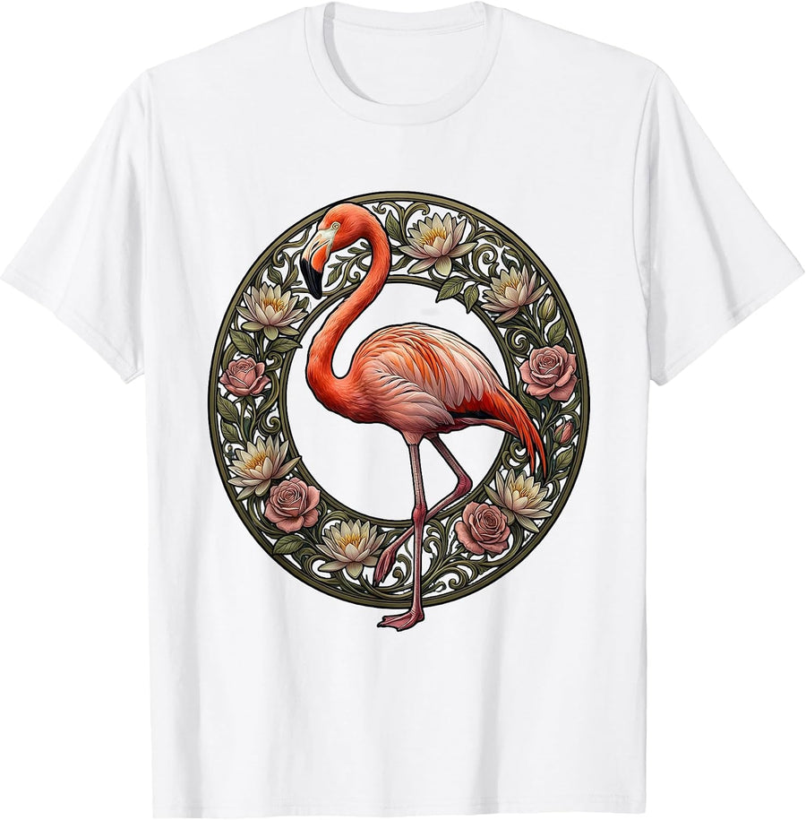 Flamingo Floral Wreath Colorful Botanical Design T-Shirt - White
