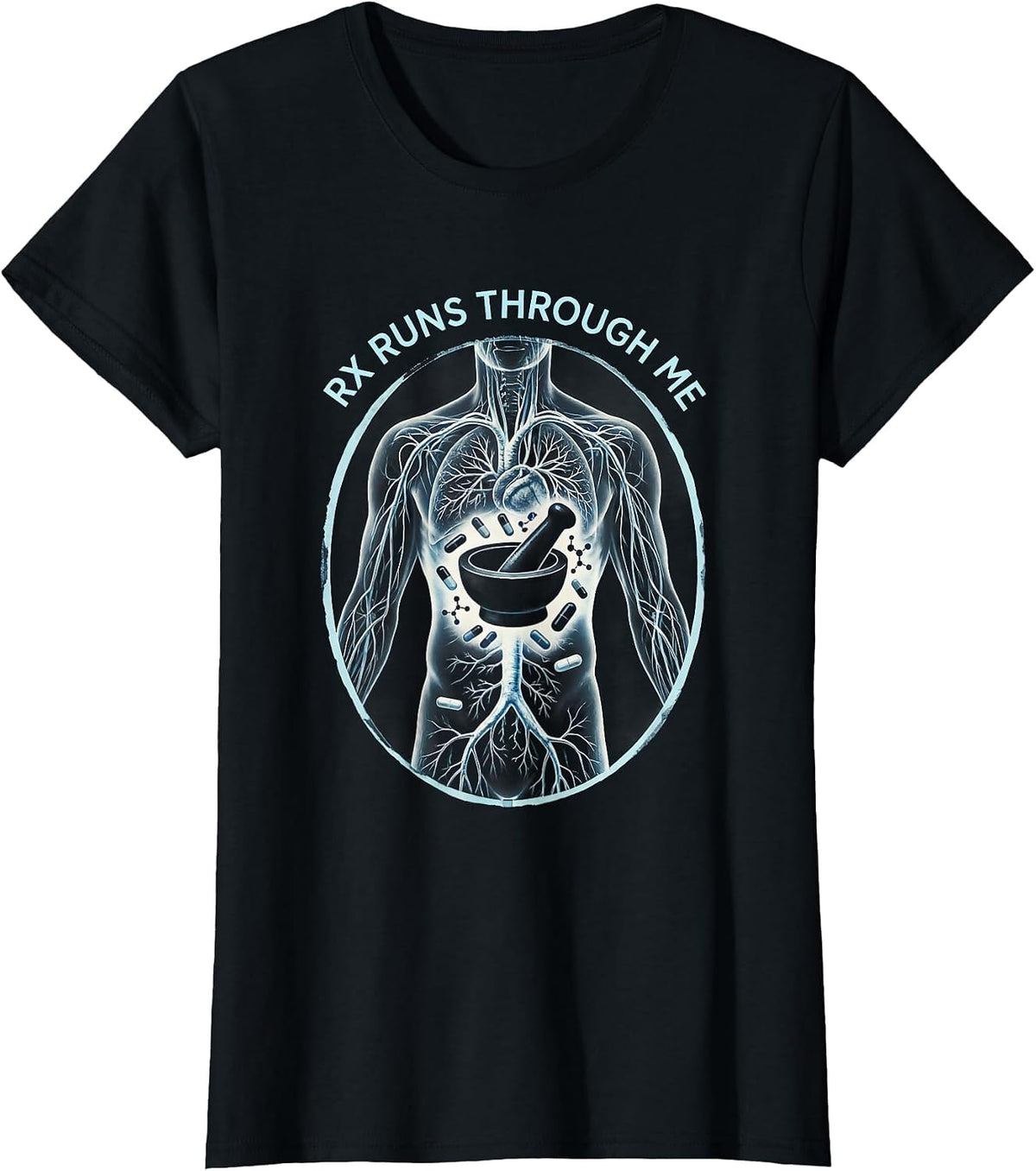 Rx Runs Through Me Pharmacy Technician Design T-Shirt - Black