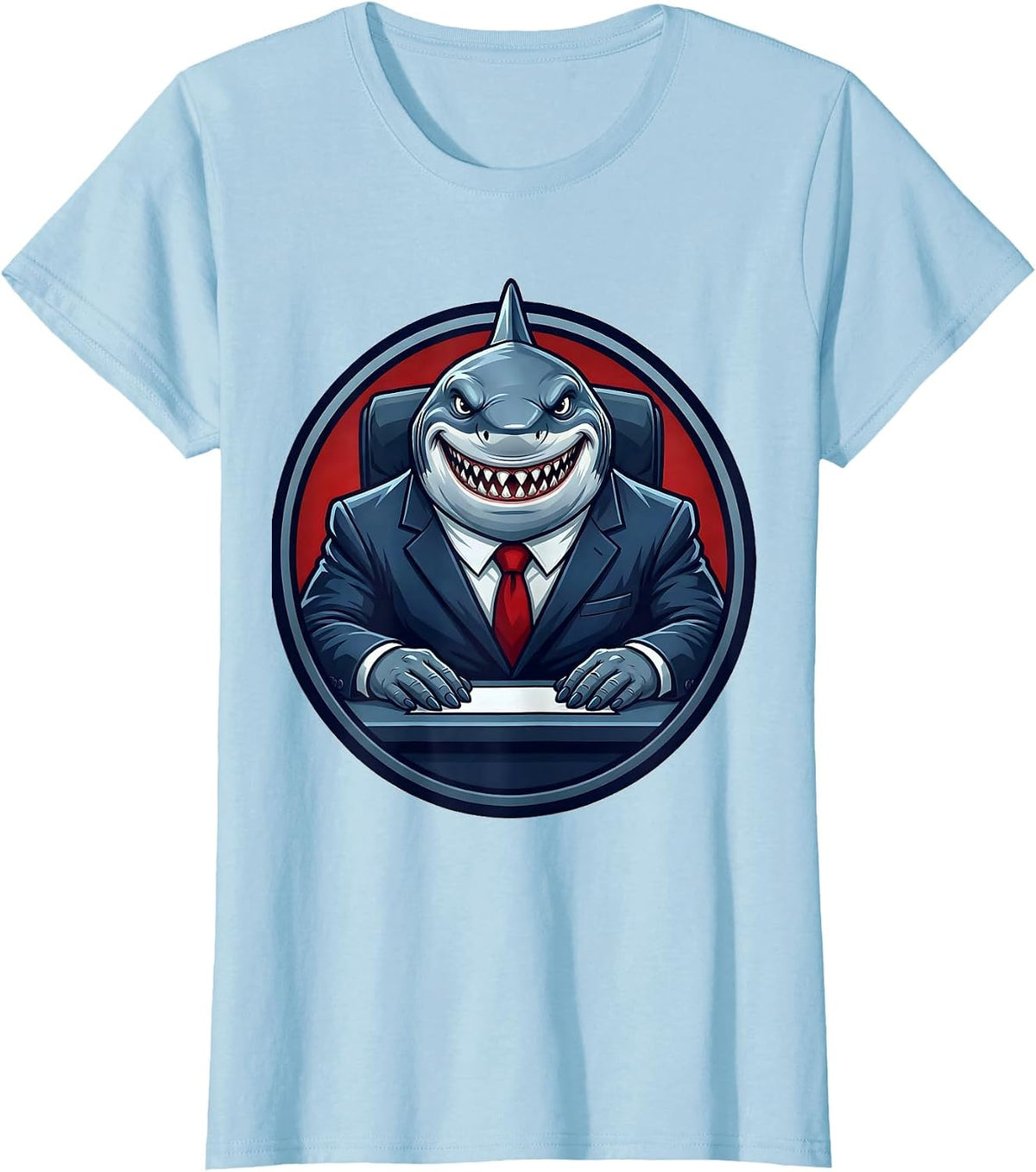 Shark in Business Suit Office Desk Funny Graphic T-Shirt - Baby Blue