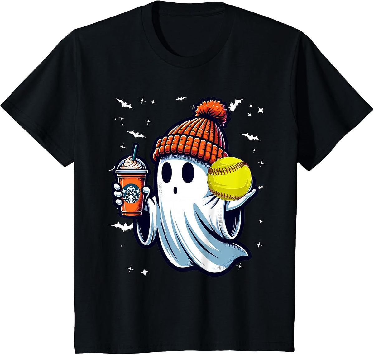 Ghost Pumpkin Drinks Beanie Fall Softball Lovers Halloween T-Shirt - Black