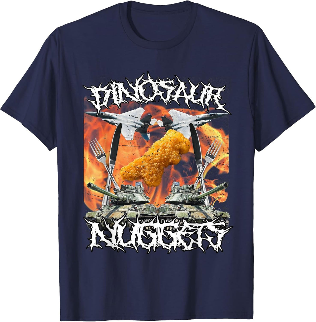 Funny Dinosaur Chicken Nugget Bootleg Hardcore Flames Meme T-Shirt - Navy Blue