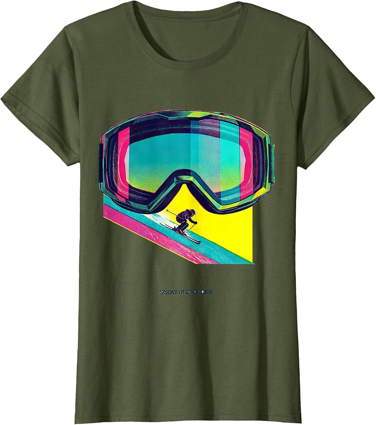 Women's Snow And Order Risograph Skiing Rider Humor Gift T-Shirt - Olive Green