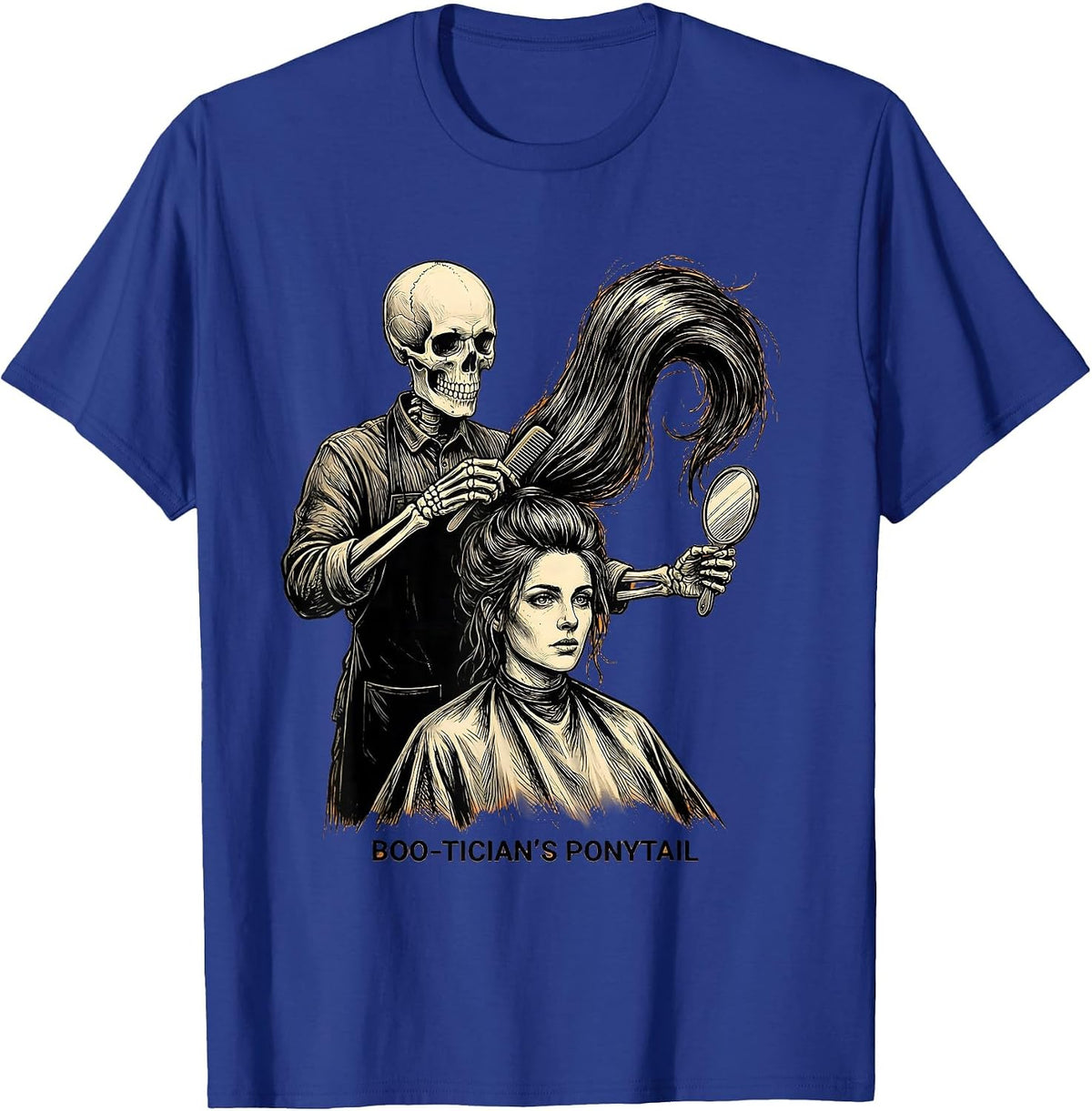 Men's Boo-tician's Ponytail Funny Skeleton Hairstylist Halloween T-Shirt - Royal Blue
