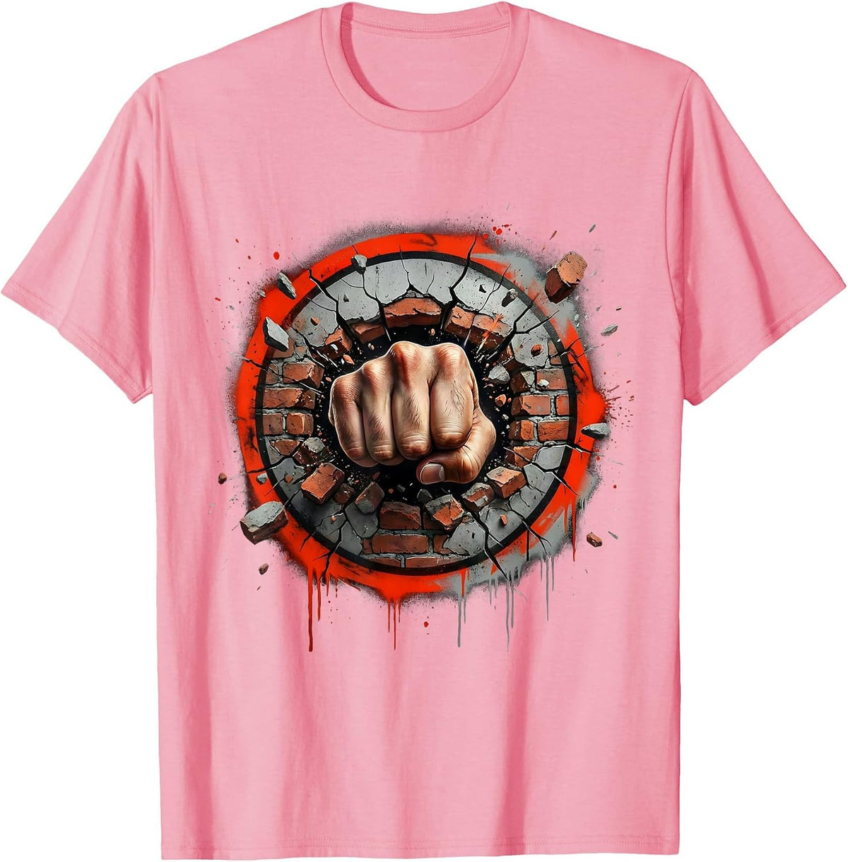 Men's Punk Rock Fist Through Brick Wall Graphic T-Shirt - Pink