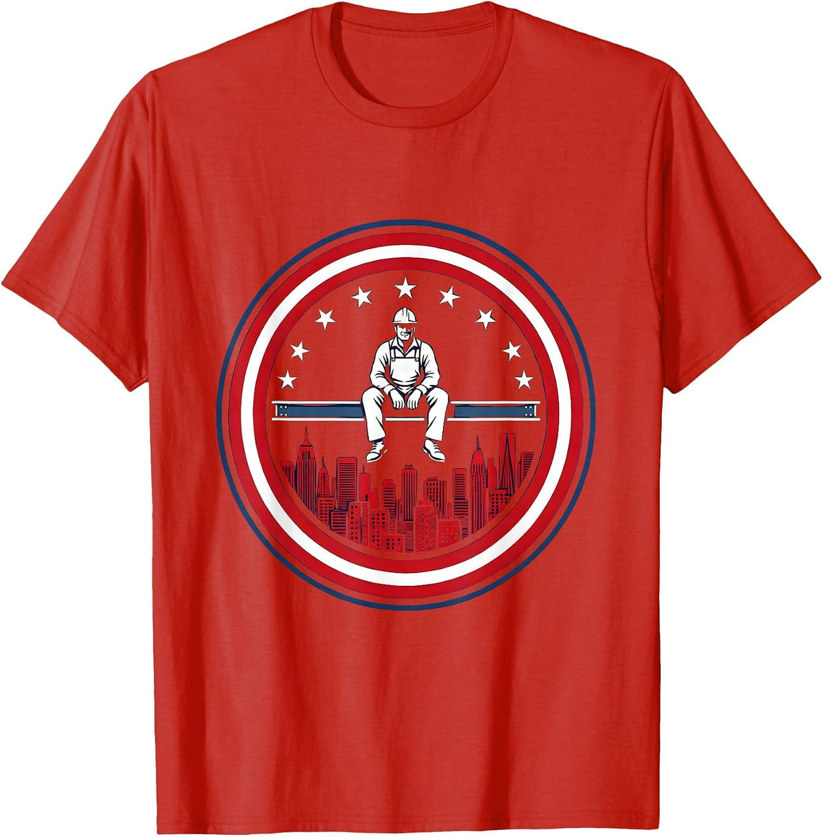 Men's Steelworker Silhouette City Skyline Beam Design T-Shirt - Red