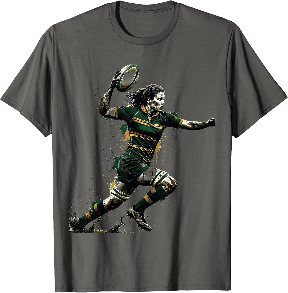 Muddy Rugby Player Triumphant Ball Holder Graphic T-Shirt - Asphalt Grey