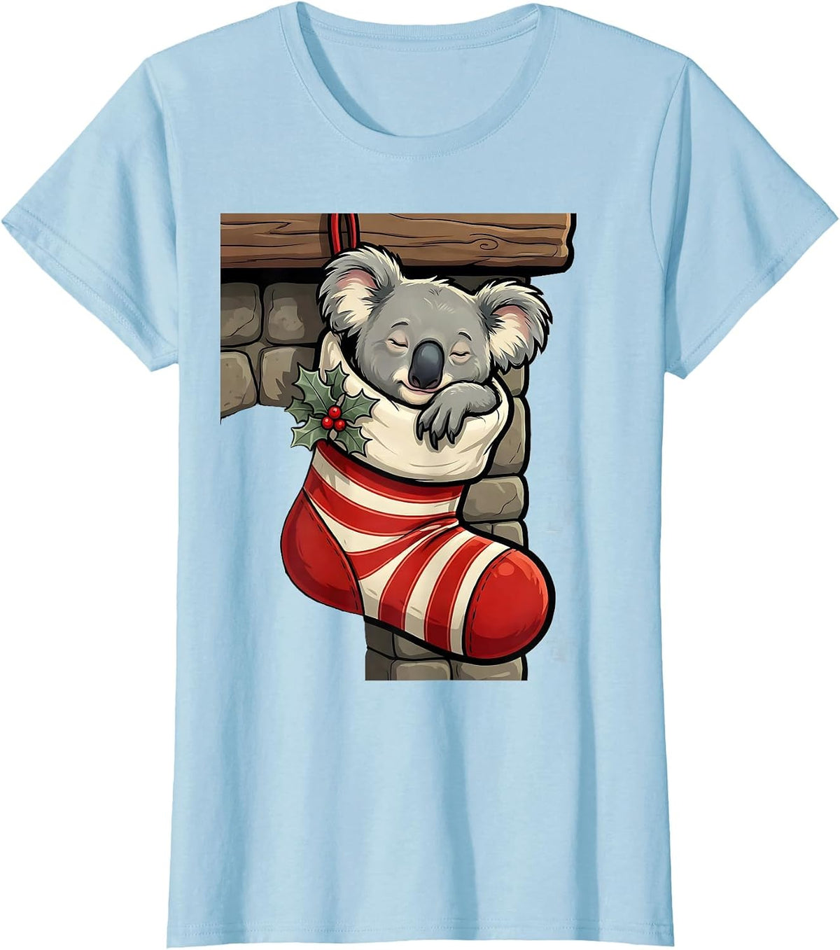 Women's Koala In Christmas Stocking Cartoon Funny Novelty T-Shirt - Baby Blue