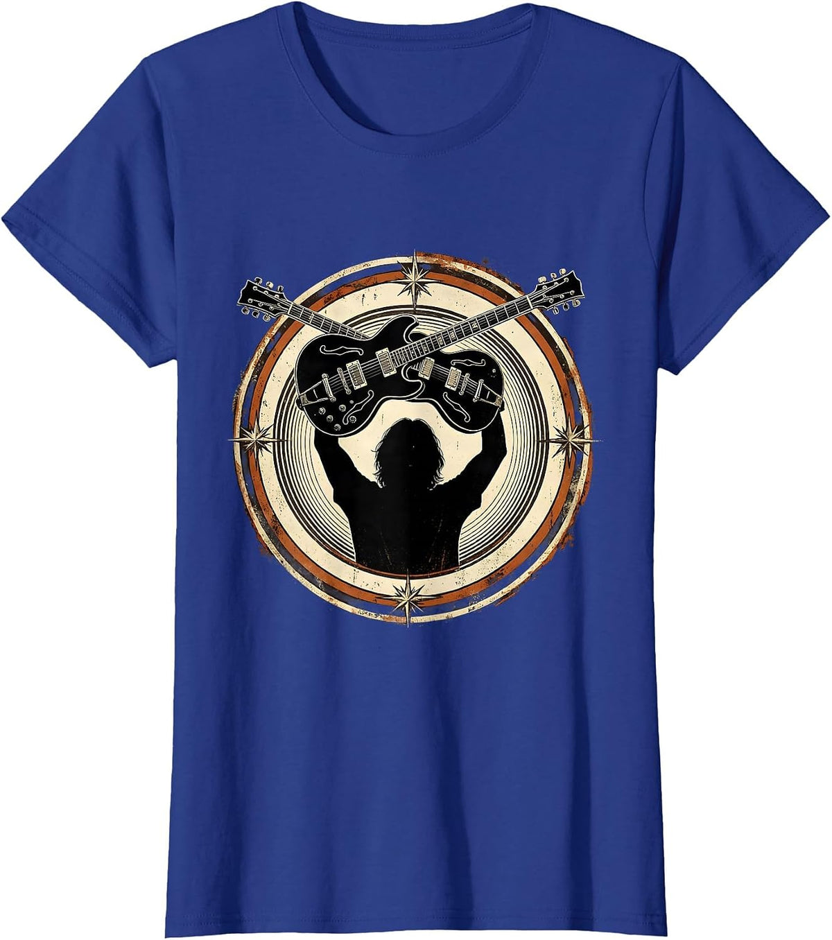 Women's Double-Neck Guitar Silhouette Rock Music Design T-Shirt - Royal Blue