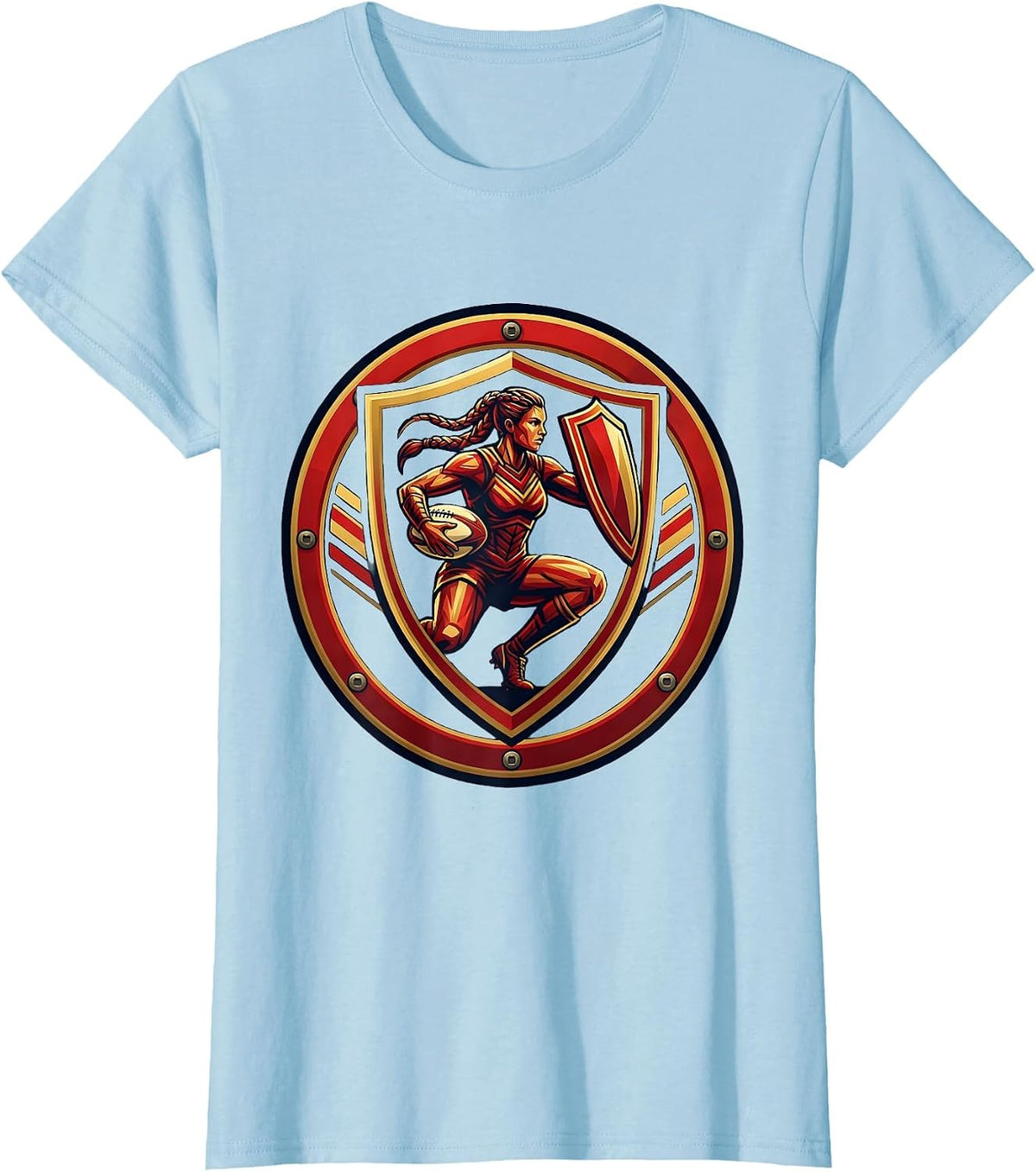 Women's Woman Warrior Rugby Ball and Shield Illustration T-Shirt - Baby Blue