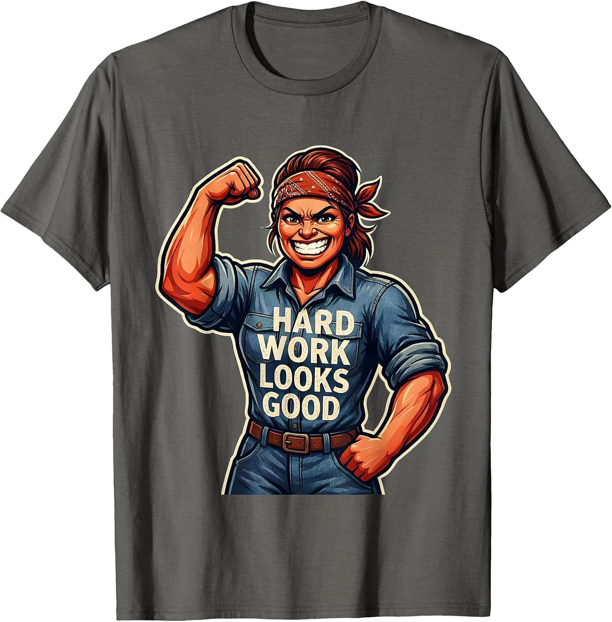 Hard Work Looks Good Rosie The Riveter Design T-Shirt - Asphalt Grey