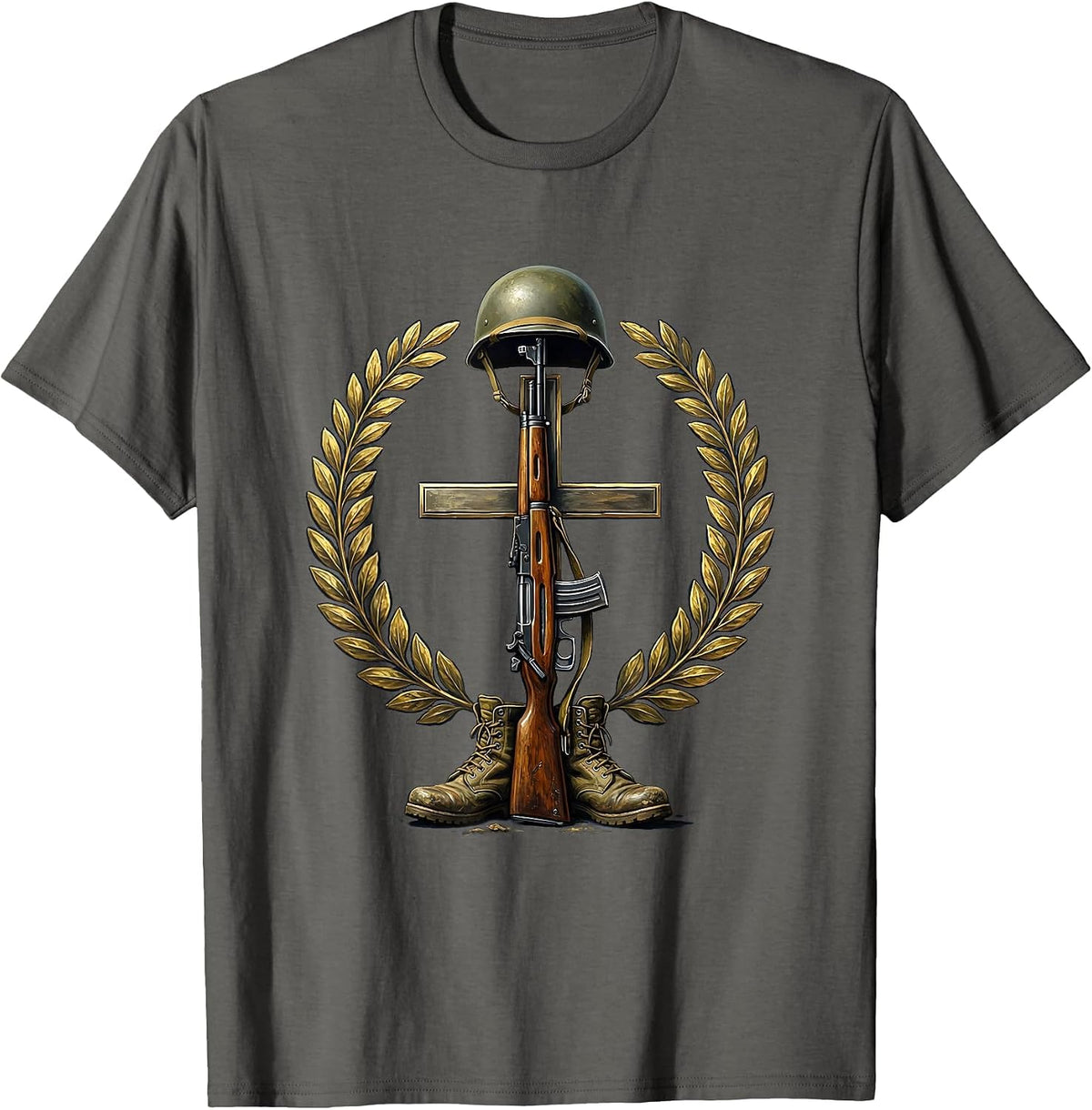 Fallen Soldier Memorial Rifle and Helmet Graphic T-Shirt - Asphalt Grey