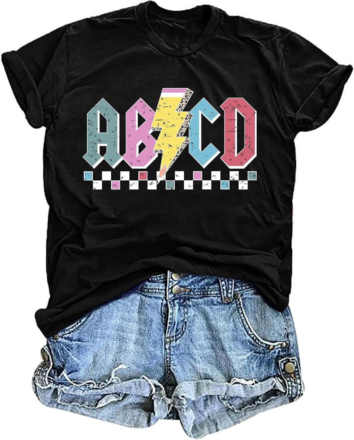 Teacher Shirts Women ABCD Teacher Tshirt Teacher Life Short Sleeve Tops - Black