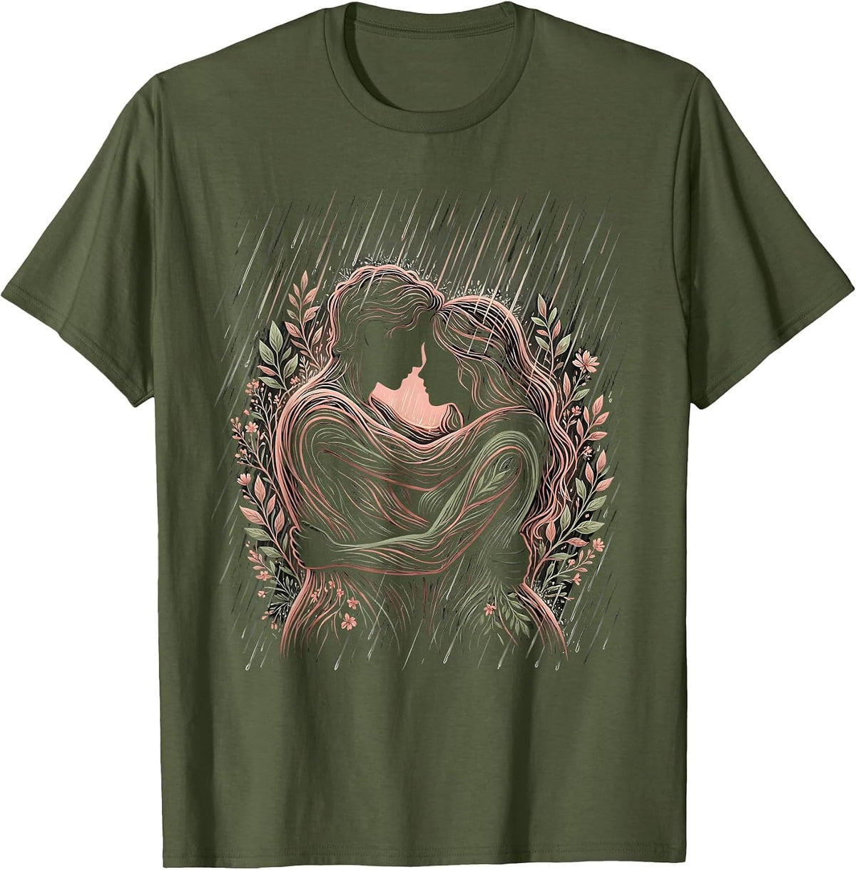 Men's Kindness in the Rain Hugging Figures Illustration T-Shirt - Olive Green