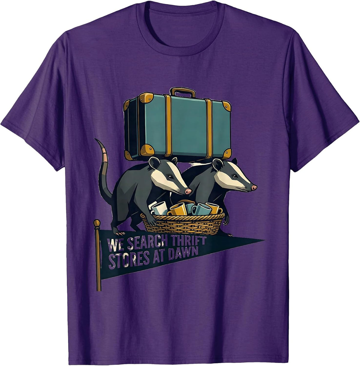 We Search Thrift Stores At Dawn Midcentury Modern Opossum T-Shirt - Purple